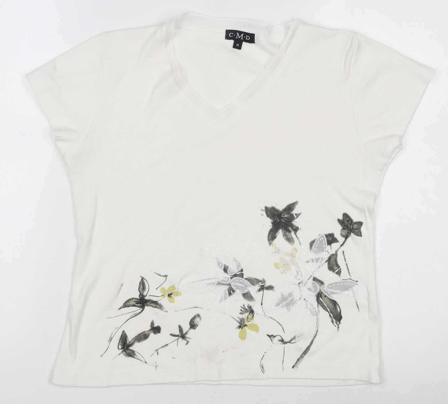 C.M.D Womens White Floral Embroidered V-Neck Cotton T-Shirt M
