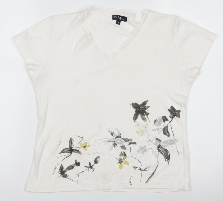 C.M.D Womens White Floral Embroidered V-Neck Cotton T-Shirt M