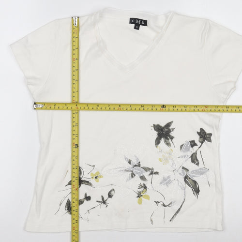 C.M.D Womens White Floral Embroidered V-Neck Cotton T-Shirt M