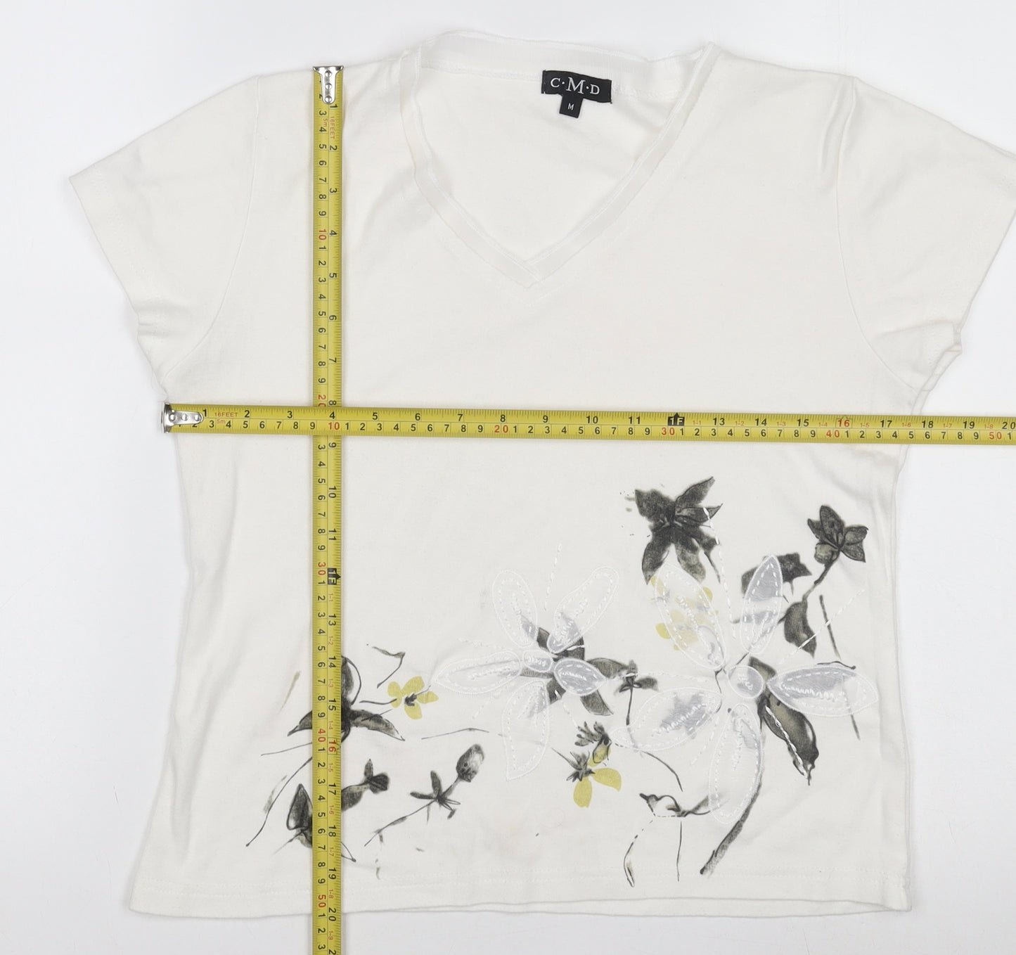 C.M.D Womens White Floral Embroidered V-Neck Cotton T-Shirt M