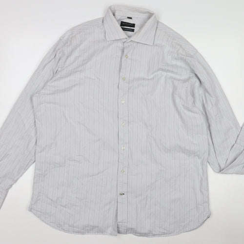 Racing Green Men’s Grey Striped 100% Cotton Long Sleeve Formal Shirt Size L