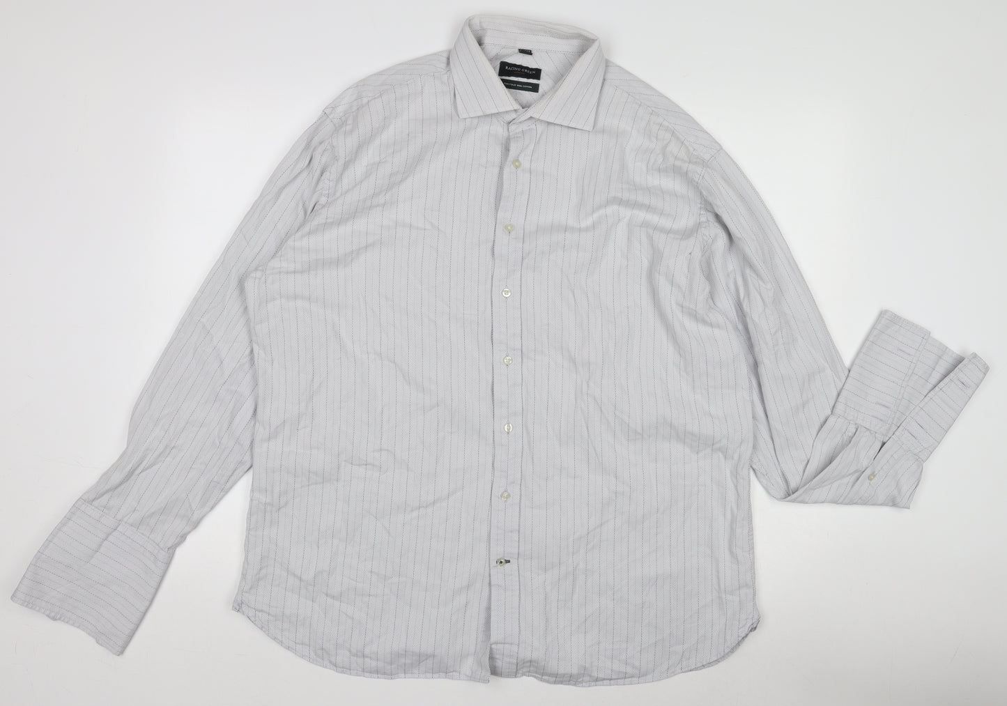 Racing Green Men’s Grey Striped 100% Cotton Long Sleeve Formal Shirt Size L