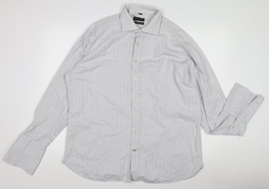 Racing Green Men’s Grey Striped 100% Cotton Long Sleeve Formal Shirt Size L