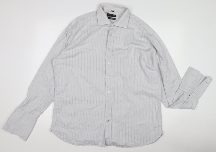 Racing Green Men’s Grey Striped 100% Cotton Long Sleeve Formal Shirt Size L