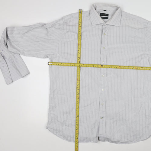 Racing Green Men’s Grey Striped 100% Cotton Long Sleeve Formal Shirt Size L