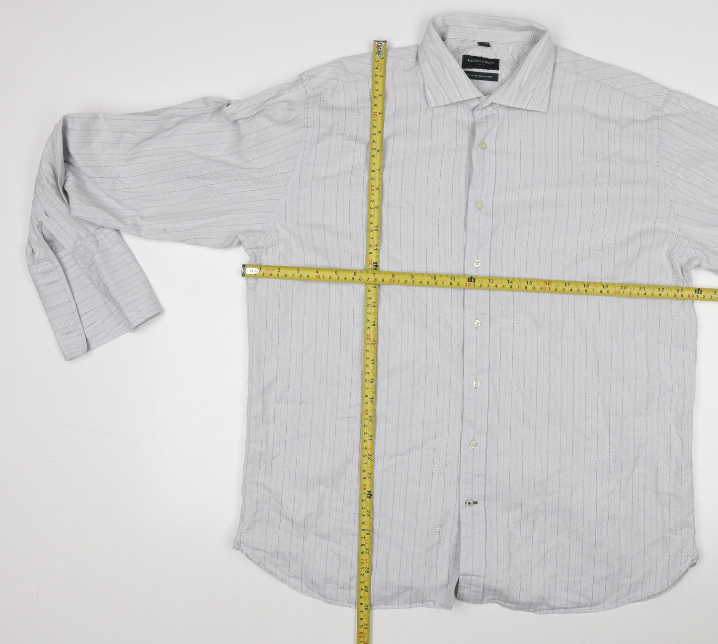 Racing Green Men’s Grey Striped 100% Cotton Long Sleeve Formal Shirt Size L