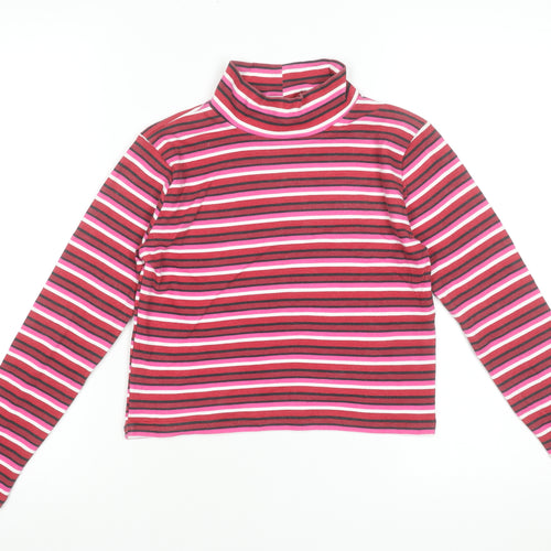 Beyond Retro Women's Red Striped Roll Neck Cropped Jersey Long Sleeve T-Shirt Size M
