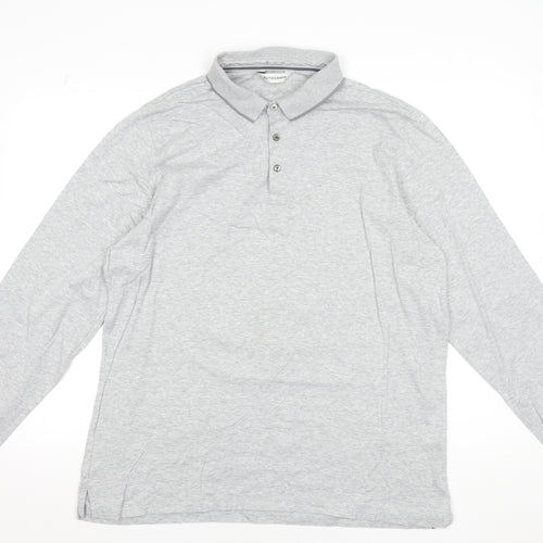Marks and Spencer Men's Grey Long Sleeve Cotton Polo Shirt XL