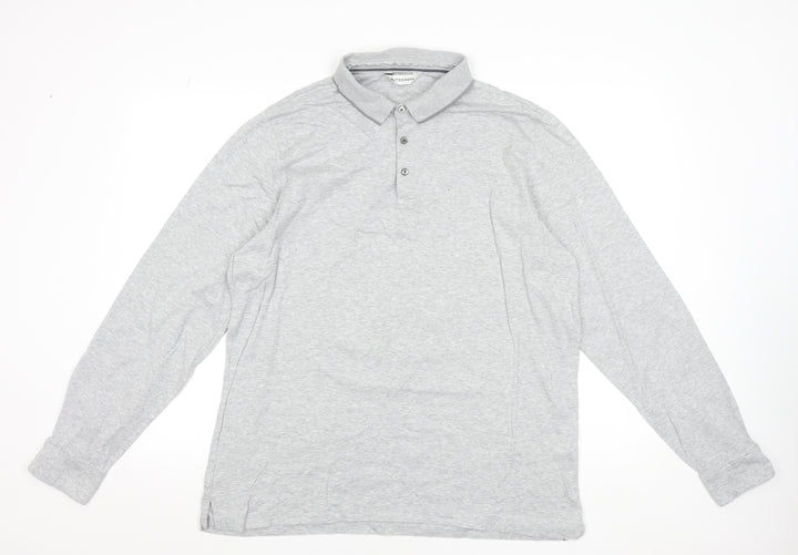 Marks and Spencer Men's Grey Long Sleeve Cotton Polo Shirt XL