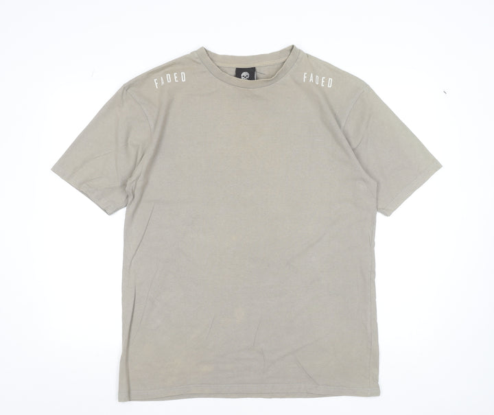 Faded Men’s Beige Graphic Print Cotton Crew Neck T-Shirt Size M