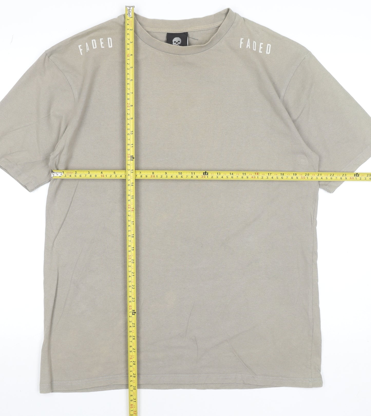 Faded Men’s Beige Graphic Print Cotton Crew Neck T-Shirt Size M