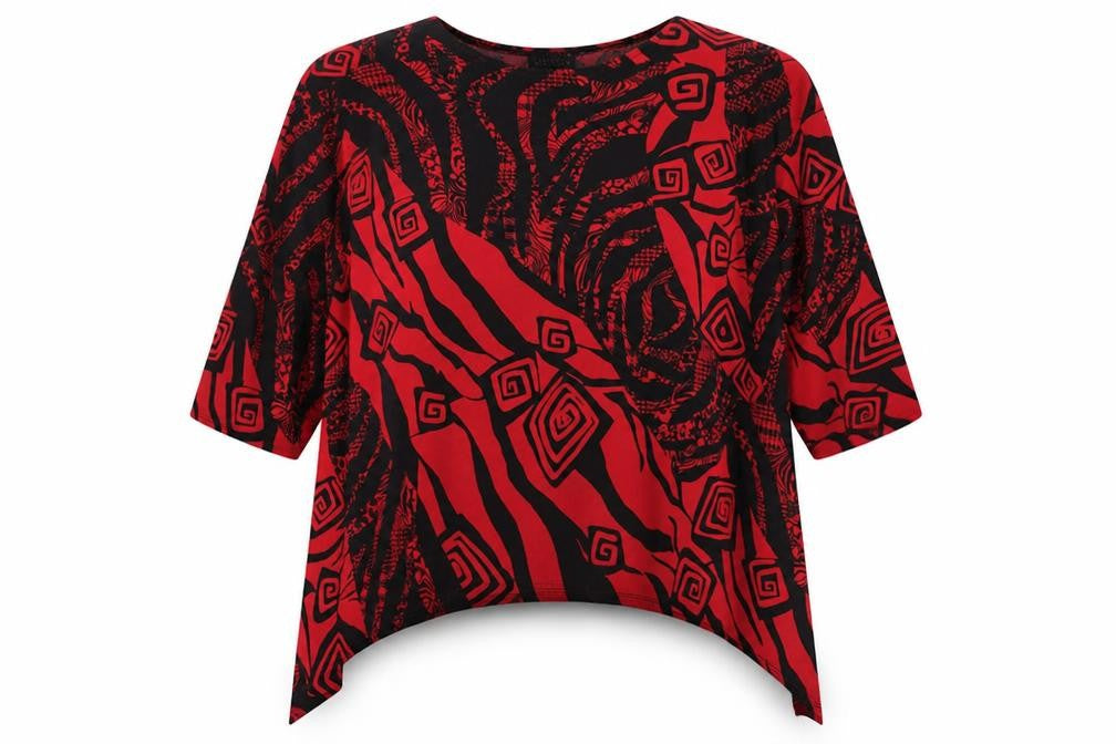 Front view of Saloos Women's Red Black Geometric Tunic Blouse, size 22