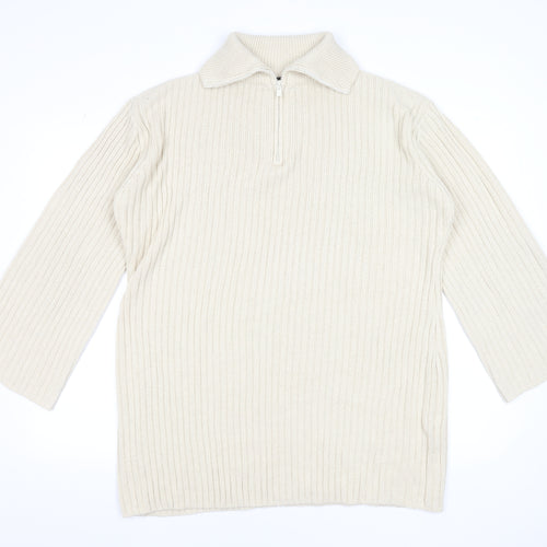 Threadbare Women Beige Collared Half Zip Ribbed Knit Jumper Size 12
