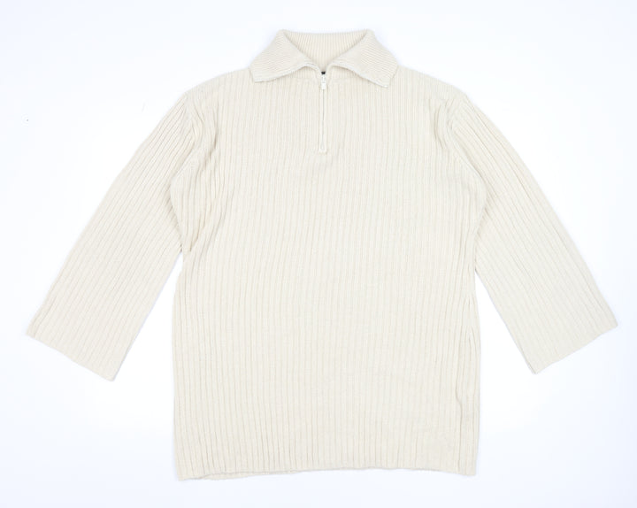 Threadbare Women Beige Collared Half Zip Ribbed Knit Jumper Size 12