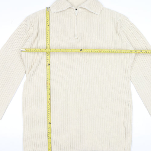 Threadbare Women Beige Collared Half Zip Ribbed Knit Jumper Size 12