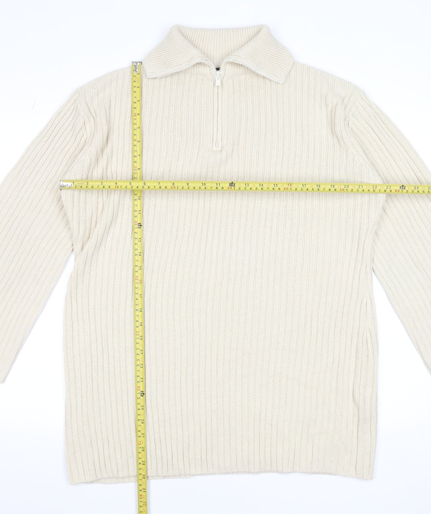 Threadbare Women Beige Collared Half Zip Ribbed Knit Jumper Size 12