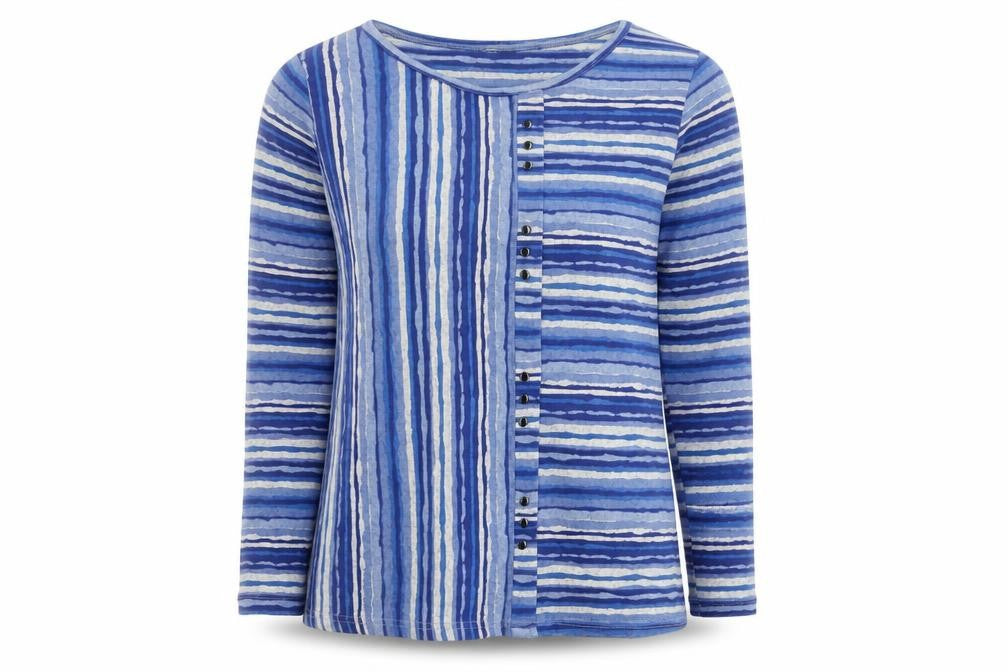 Front view of Isle Collection Women Blue Striped Long Sleeve Stretch Top, size S