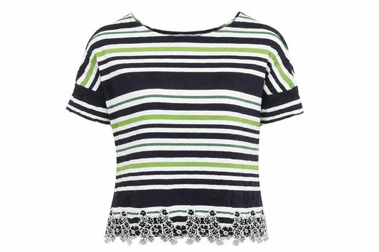 Front view of Next Women’s Multicoloured Striped Lace Hem Short Sleeve Blouse, size UK 14