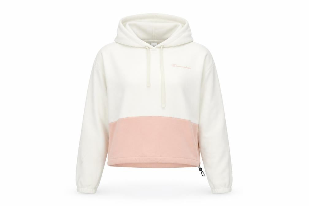 Front view of Champion Women's Beige & Pink Pullover Hoodie, size M, Colourblock