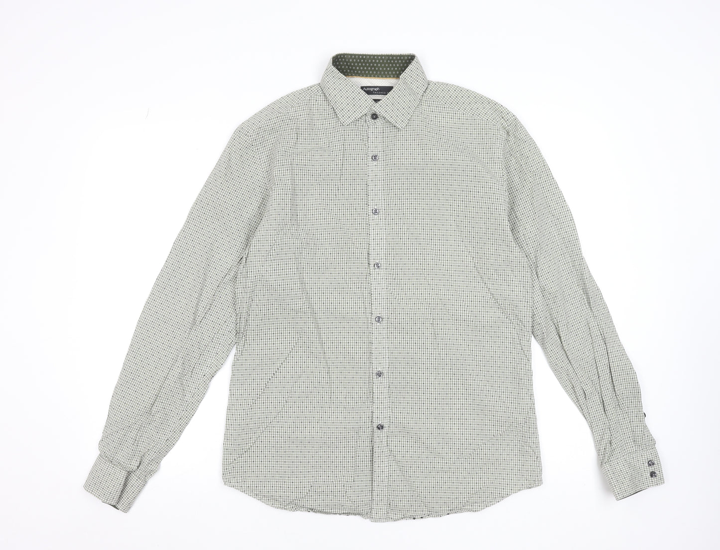 Marks and Spencer Men's Green Check Cotton Dress Shirt Medium