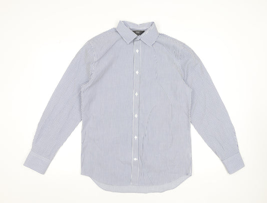 Marks and Spencer Men's Blue Striped 15in Collar Regular Fit Dress Shirt