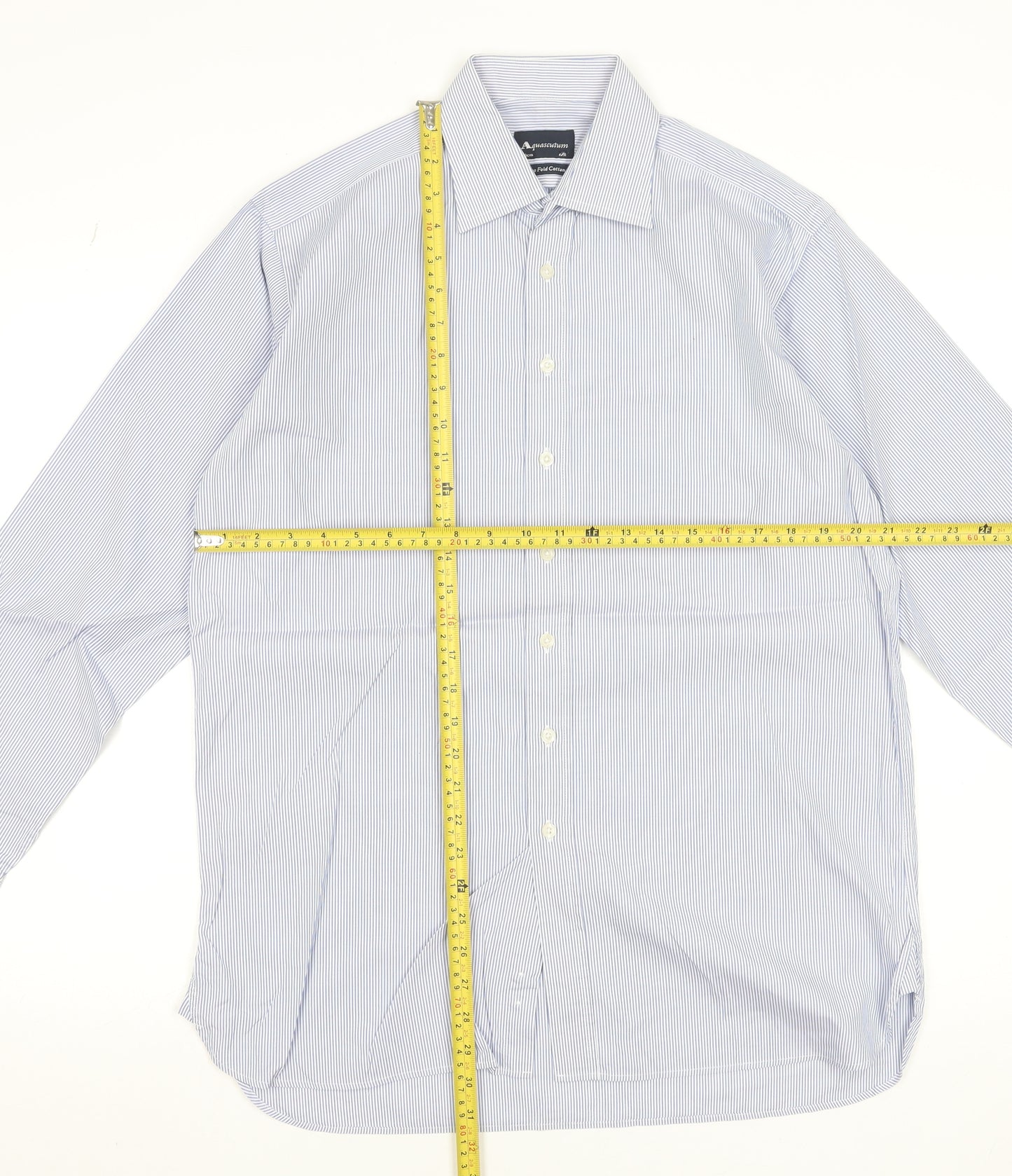 Aquascutum Men’s Blue Striped Two-Fold Cotton Formal Dress Shirt 15.5R
