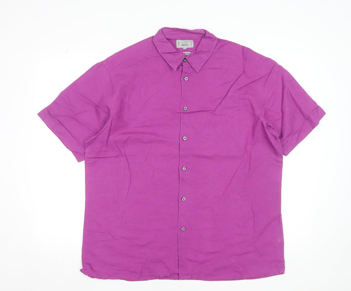 Marks and Spencer Men's Purple Linen Blend Short Sleeve Button-Up Shirt L 41-43"