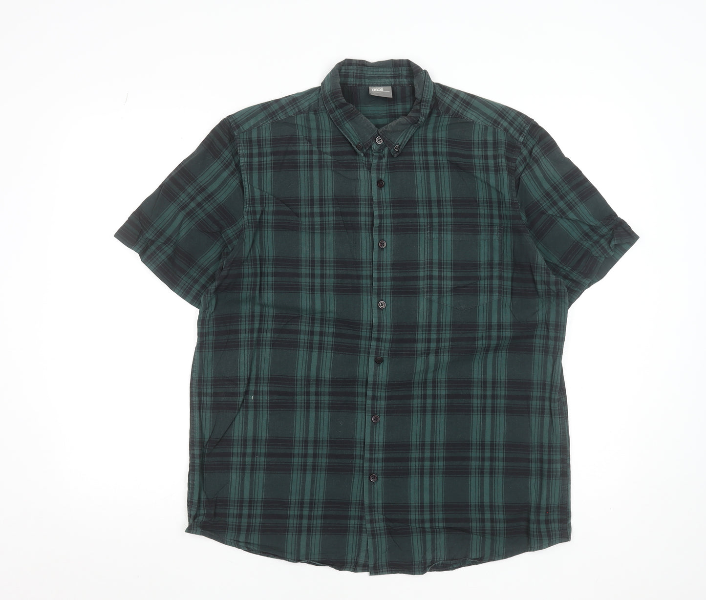 ASOS Men Green Plaid Cotton Short Sleeve Button-Up Shirt Size L