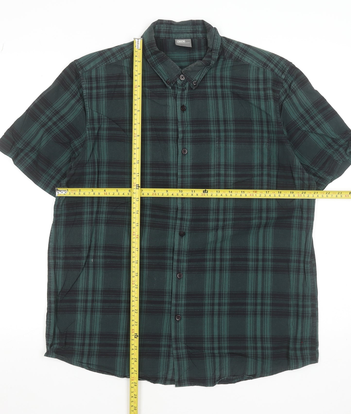 ASOS Men Green Plaid Cotton Short Sleeve Button-Up Shirt Size L