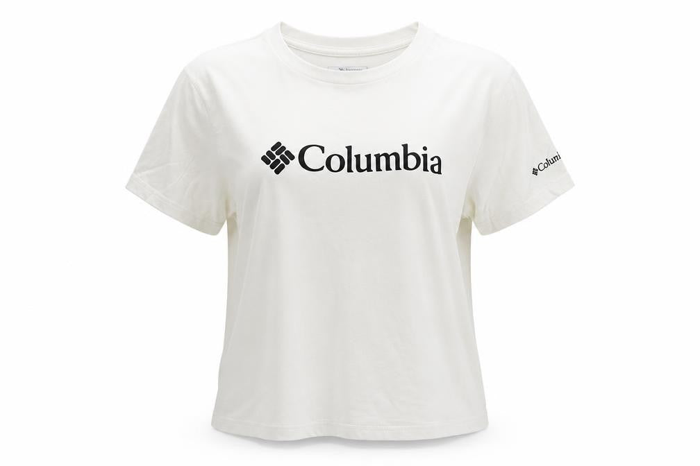 Front view of Columbia Women White Basic Logo Short Sleeve Cotton T-Shirt S