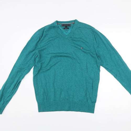 Tommy Hilfiger Men's Green Cotton Silk V-Neck Jumper M
