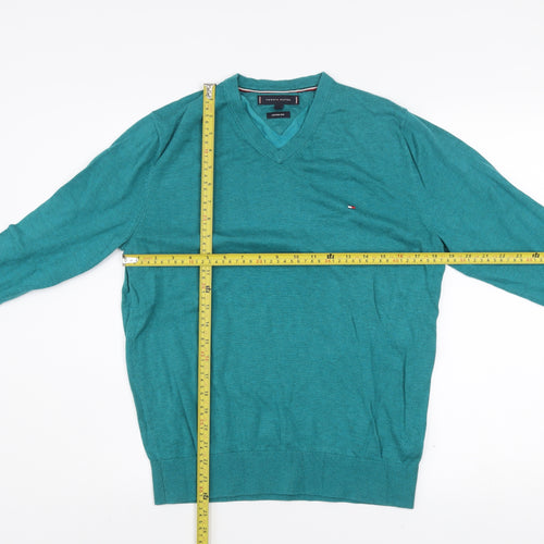 Tommy Hilfiger Men's Green Cotton Silk V-Neck Jumper M
