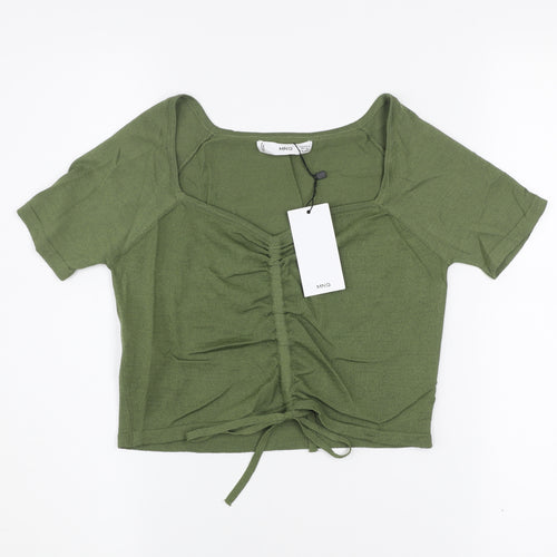 Mango Women's Green Cropped Ruched Knit Top Size S