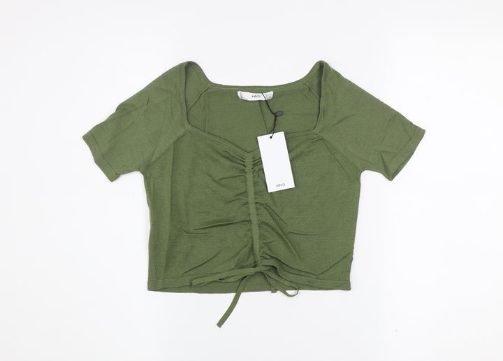 Mango Women's Green Cropped Ruched Knit Top Size S