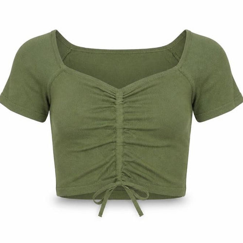 Mango Women's Green Cropped Ruched Knit Top Size S