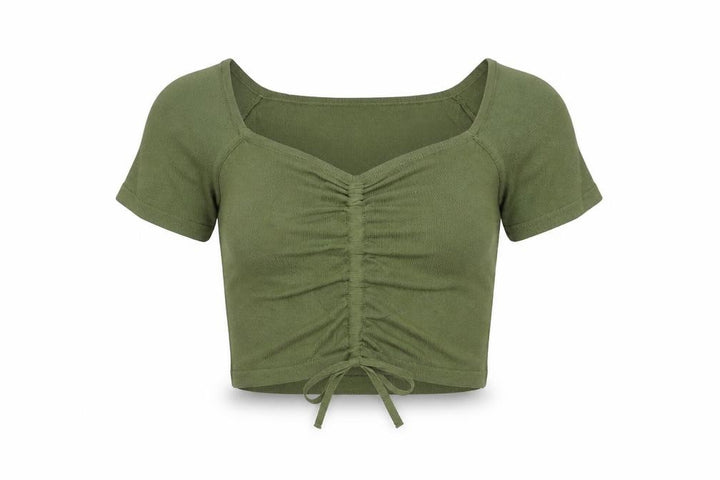 Mango Women's Green Cropped Ruched Knit Top Size S