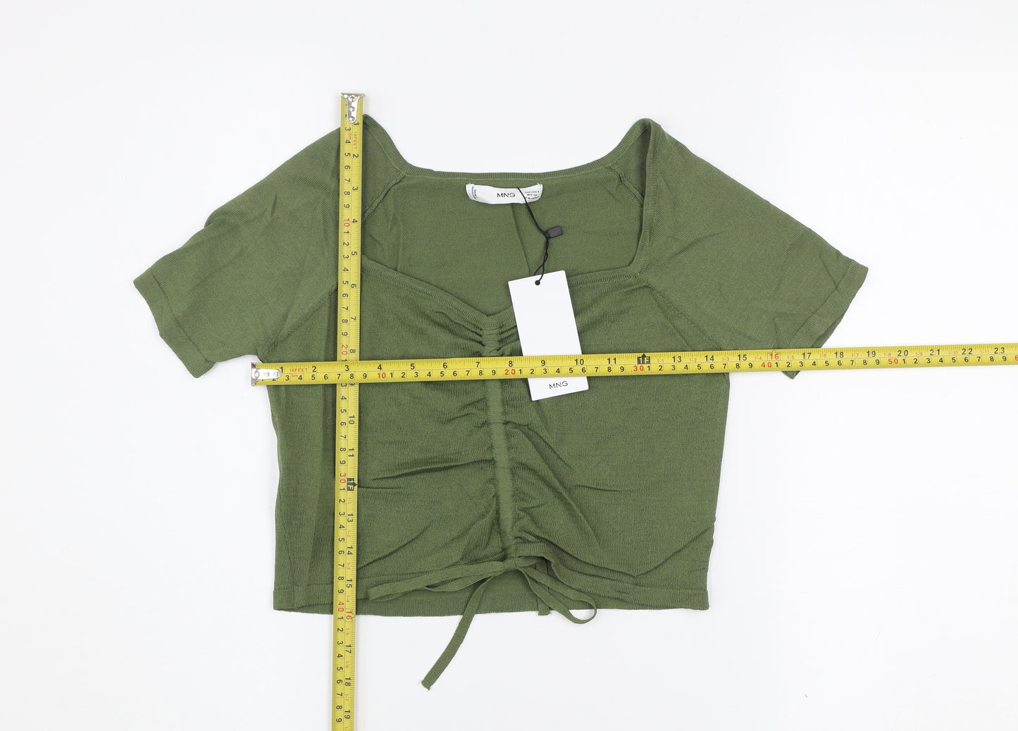 Mango Women's Green Cropped Ruched Knit Top Size S