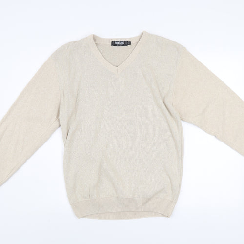 Fox Land Men's Beige V-Neck Cotton Blend Jumper M Classic Knitwear