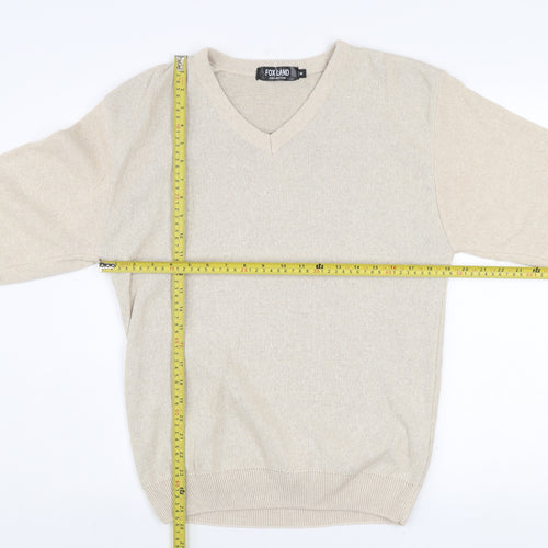 Fox Land Men's Beige V-Neck Cotton Blend Jumper M Classic Knitwear