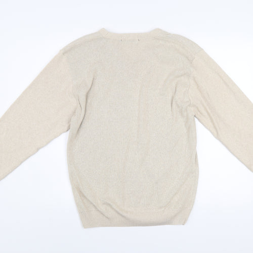 Fox Land Men's Beige V-Neck Cotton Blend Jumper M Classic Knitwear