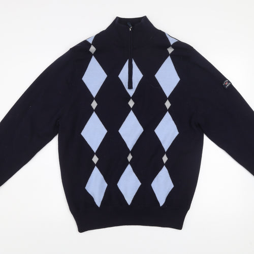 Cutter & Buck Men's Blue Argyle 1/2 Zip Wool Blend Jumper M