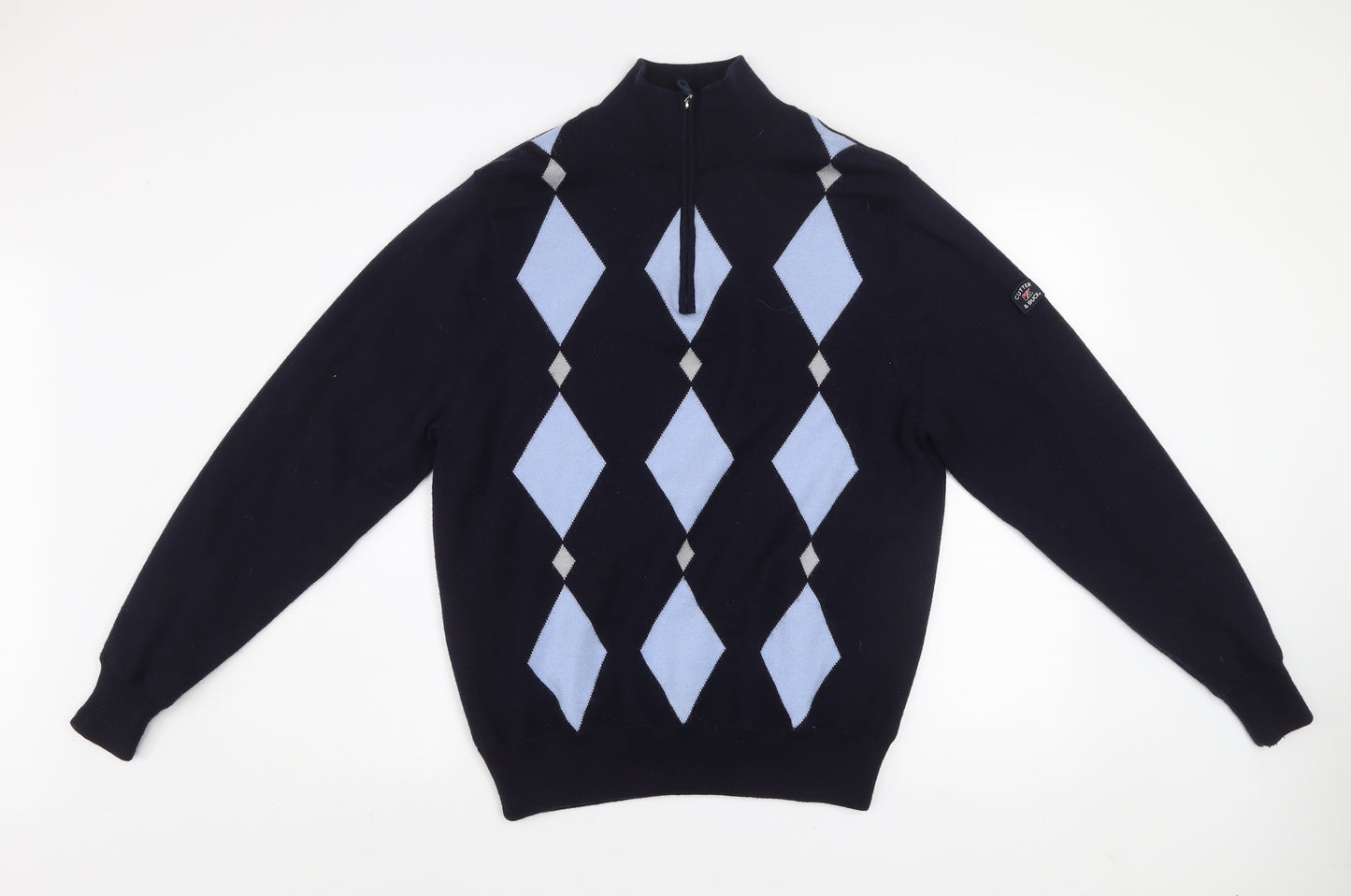 Cutter & Buck Men's Blue Argyle 1/2 Zip Wool Blend Jumper M
