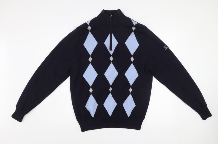 Cutter & Buck Men's Blue Argyle 1/2 Zip Wool Blend Jumper M