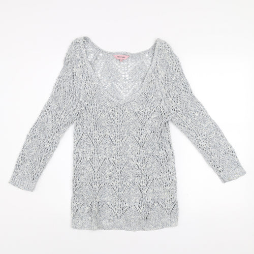 Phase Eight Women's Grey Open-Knit V-Neck Long Sleeve Jumper Size 12