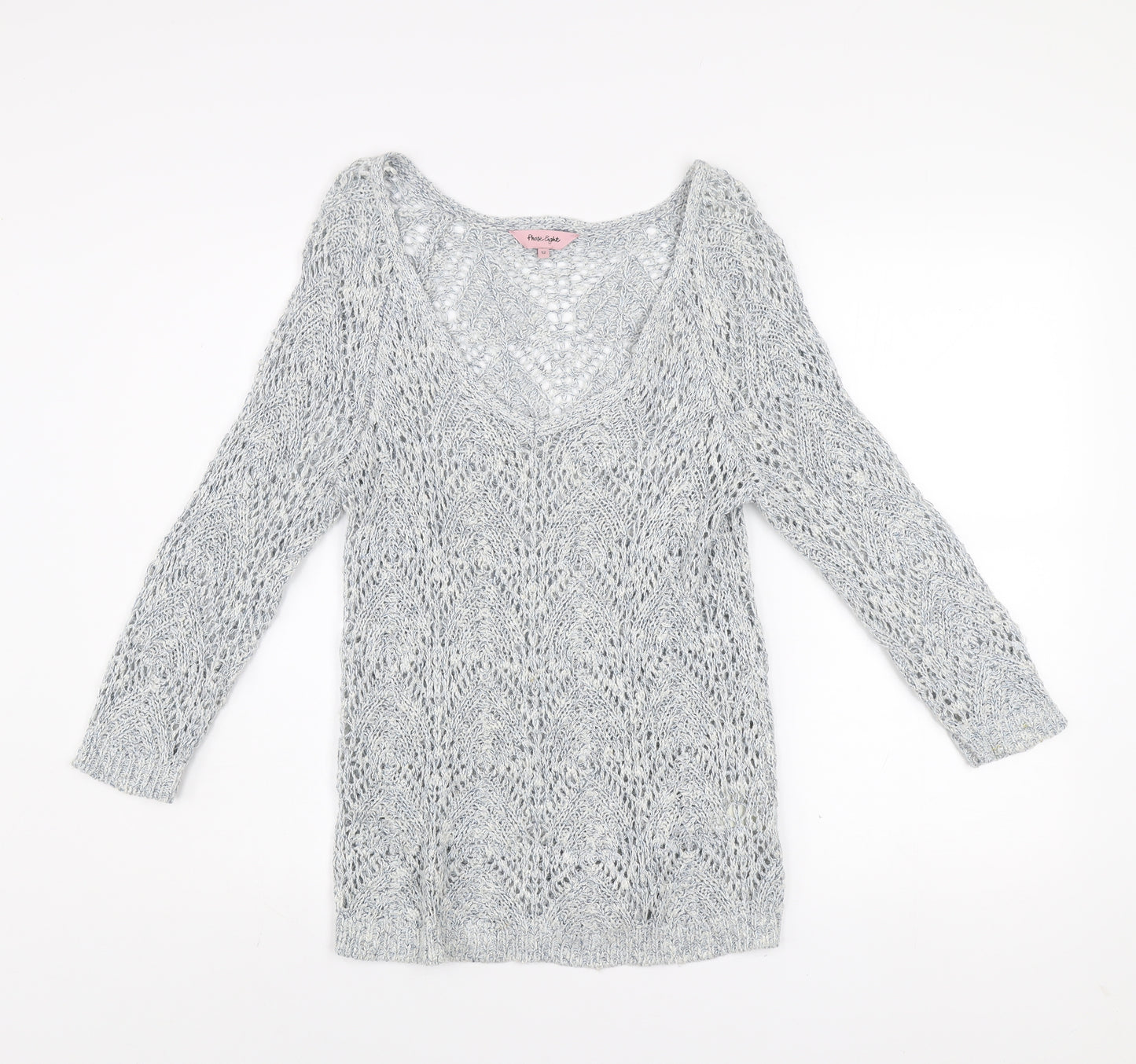 Phase Eight Women's Grey Open-Knit V-Neck Long Sleeve Jumper Size 12