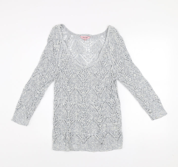 Phase Eight Women's Grey Open-Knit V-Neck Long Sleeve Jumper Size 12