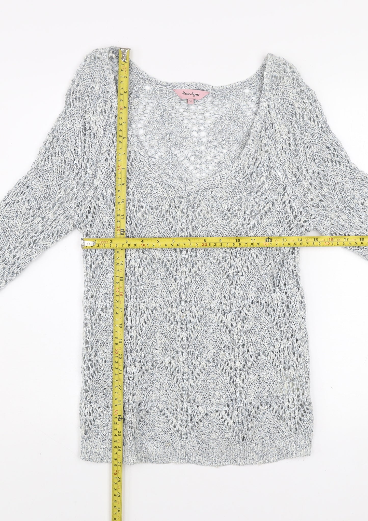 Phase Eight Women's Grey Open-Knit V-Neck Long Sleeve Jumper Size 12