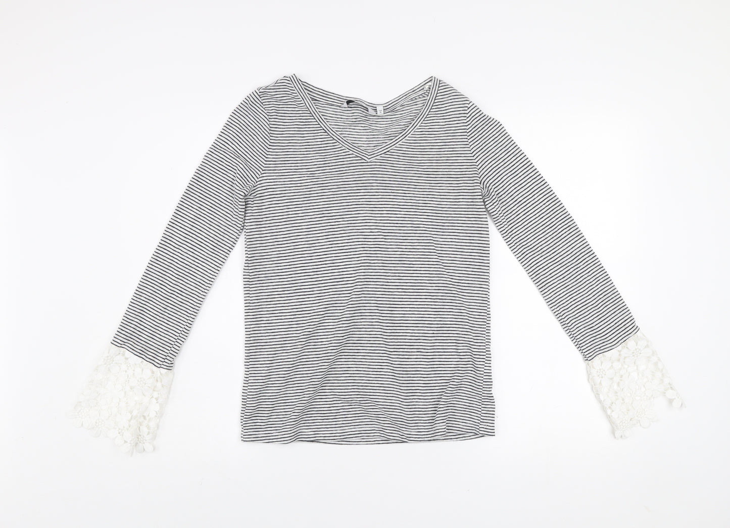 Next Women's Black Striped Linen Blend Long Sleeve V-Neck Top Size 6