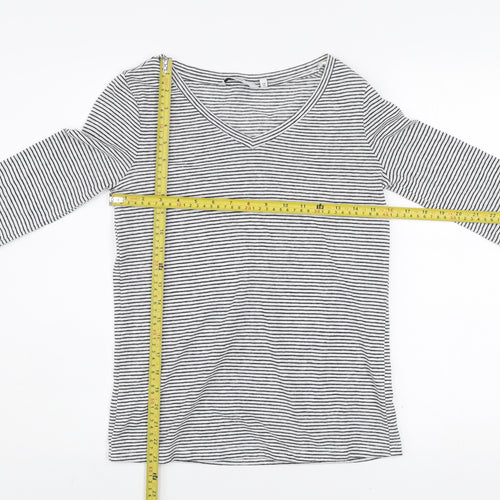 Next Women's Black Striped Linen Blend Long Sleeve V-Neck Top Size 6