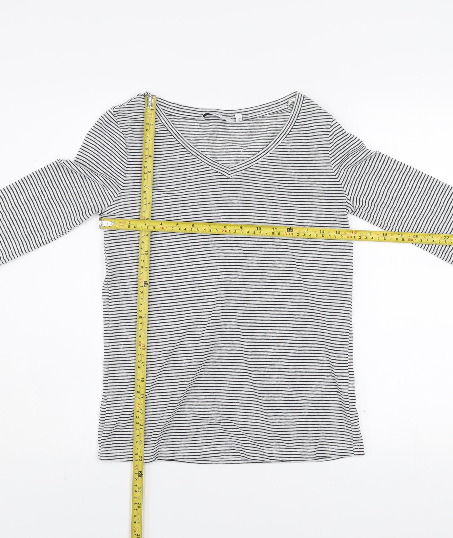 Next Women's Black Striped Linen Blend Long Sleeve V-Neck Top Size 6